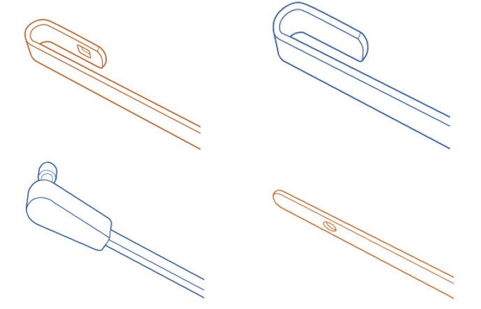 Line drawing of four wiper arm-end connector types: an open hook, a side pin, a bayonet pin and a flat top-lock receptacle