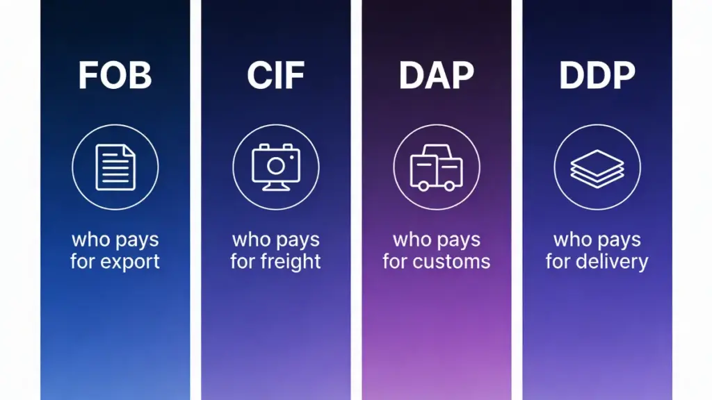 FOB, CIF, PAD, DDP para palhetas e peças automotivas