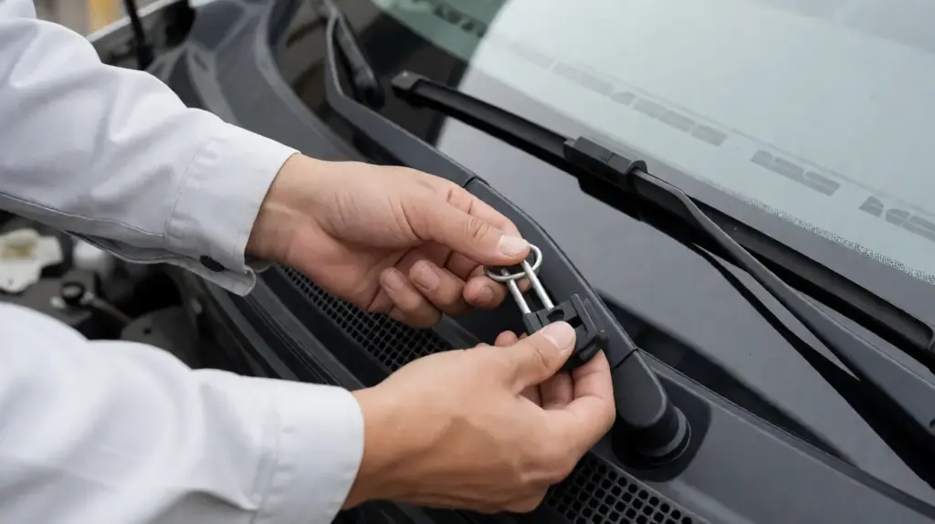 Two hands aligning a black plastic adapter with the metal U-hook at the end of a wiper arm, a beam blade resting on the windshield behind