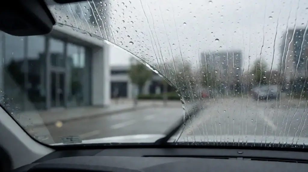 A wet windshield showing a clean wiped arc next to an area left with vertical streaks