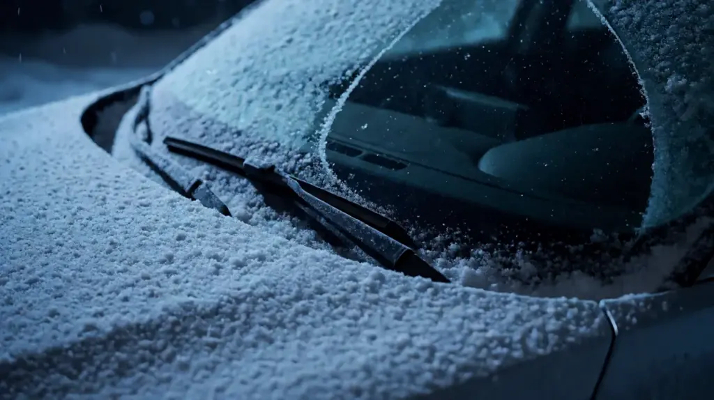 A snow-dusted windshield at night with a swept arc cleared by two wiper blades resting at the base of the glass