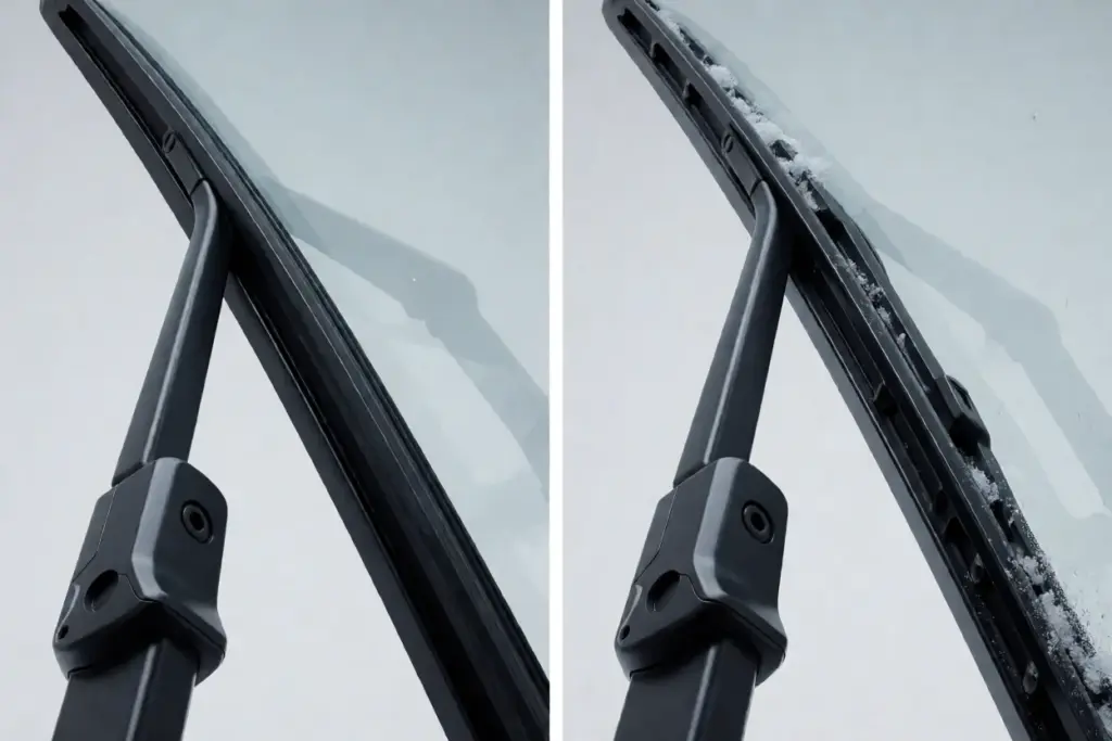 Split view of a beam wiper blade: on the left the wiping edge seated against clear glass, on the right snow and ice packed along the spine and into the frame channel