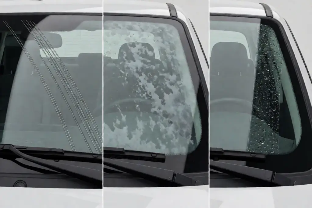 Three wipe defect patterns on a windshield: fine parallel streaks, a cloudy smeared film, and a missed band at one outer edge